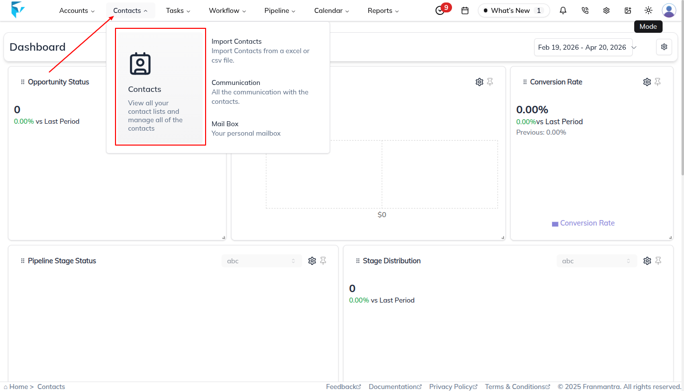 Navigate to Contacts from the dashboard