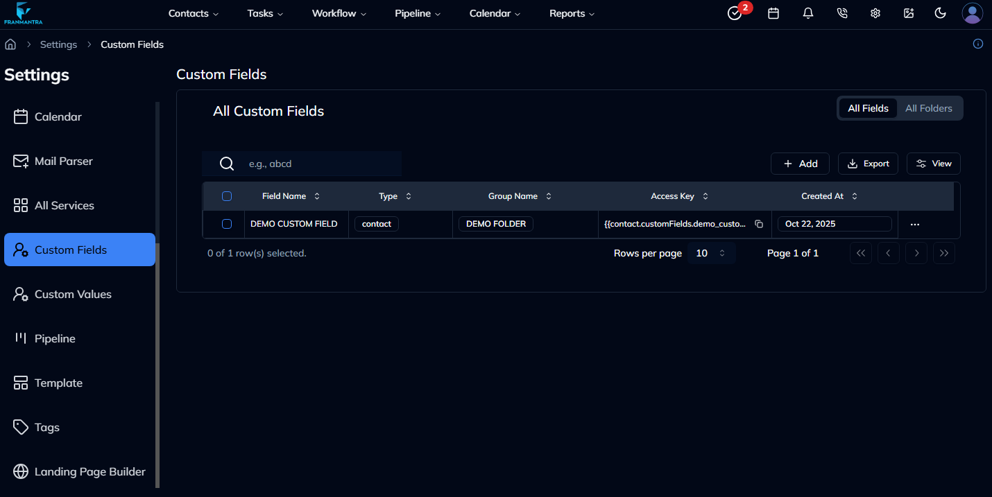 Custom Fields List Page