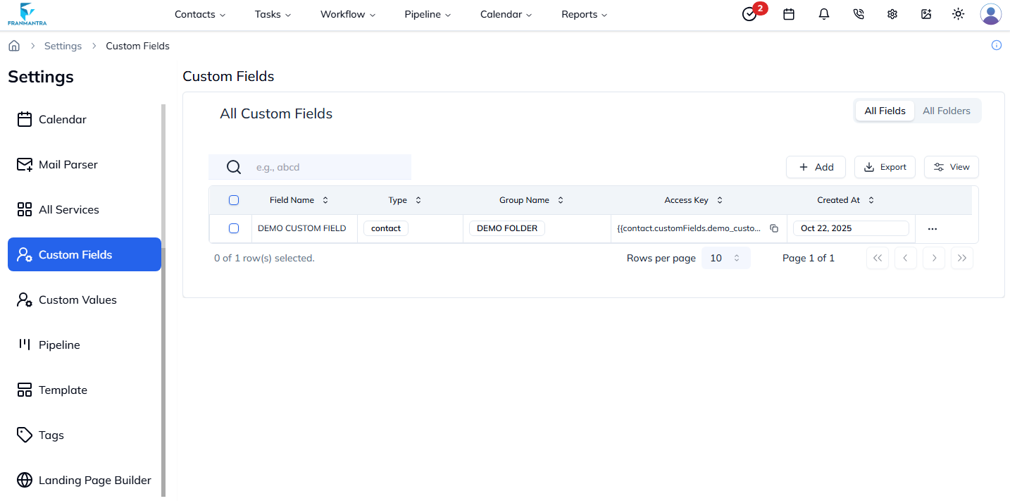 Custom Fields List Page