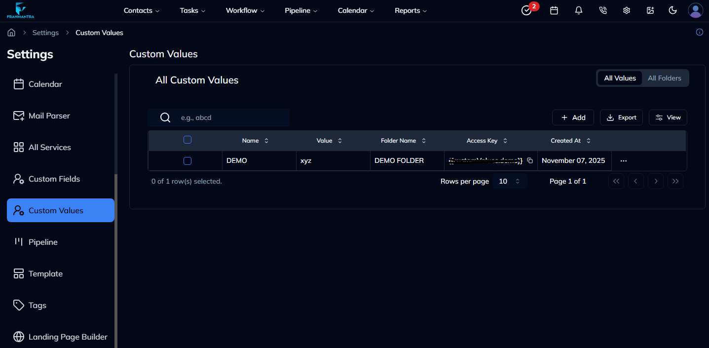 Custom Values List Page