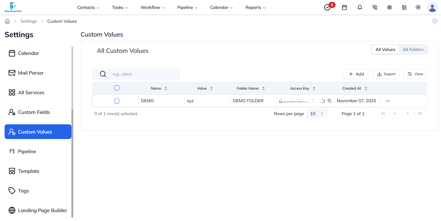 Custom Values List Page
