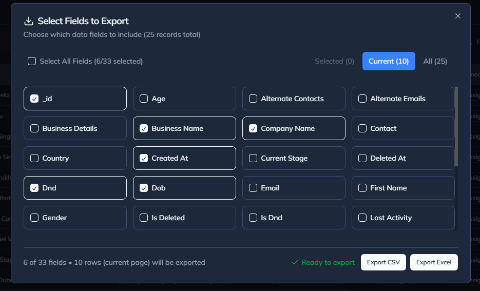 Field Selection for Export
