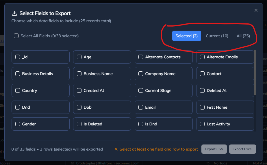 Field Selection for Export