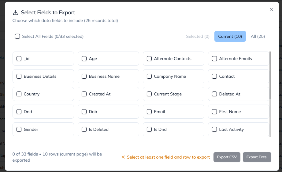 Field Selection for Export