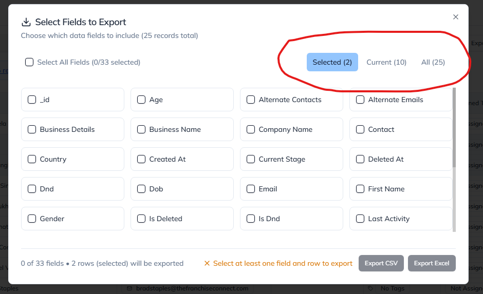 Field Selection for Export