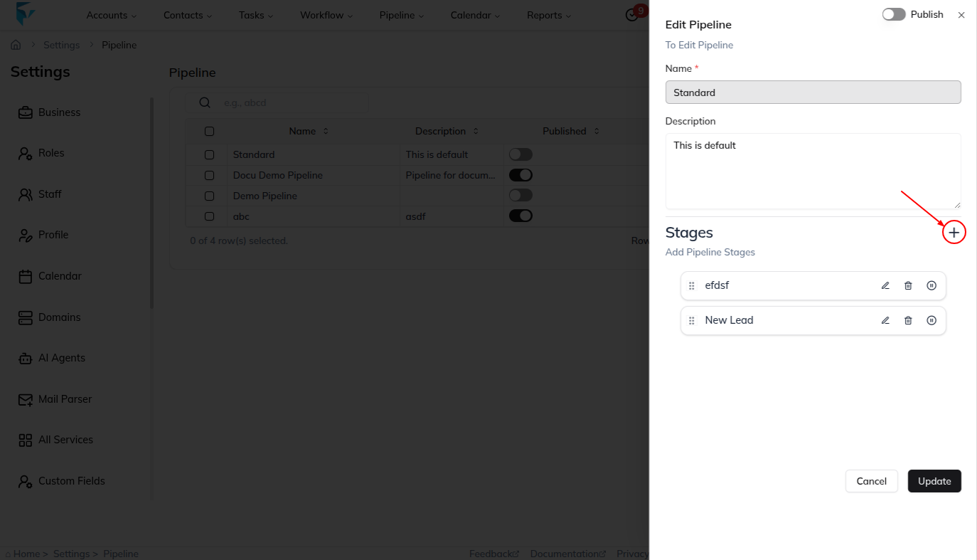 Edit Pipeline sheet with the add stage input opened