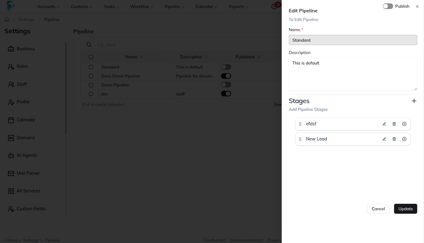 Edit Pipeline sheet opened from the pipeline list