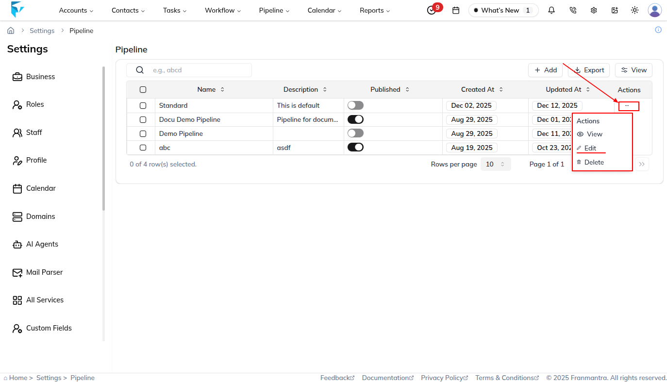 Pipeline row actions menu with the Edit option