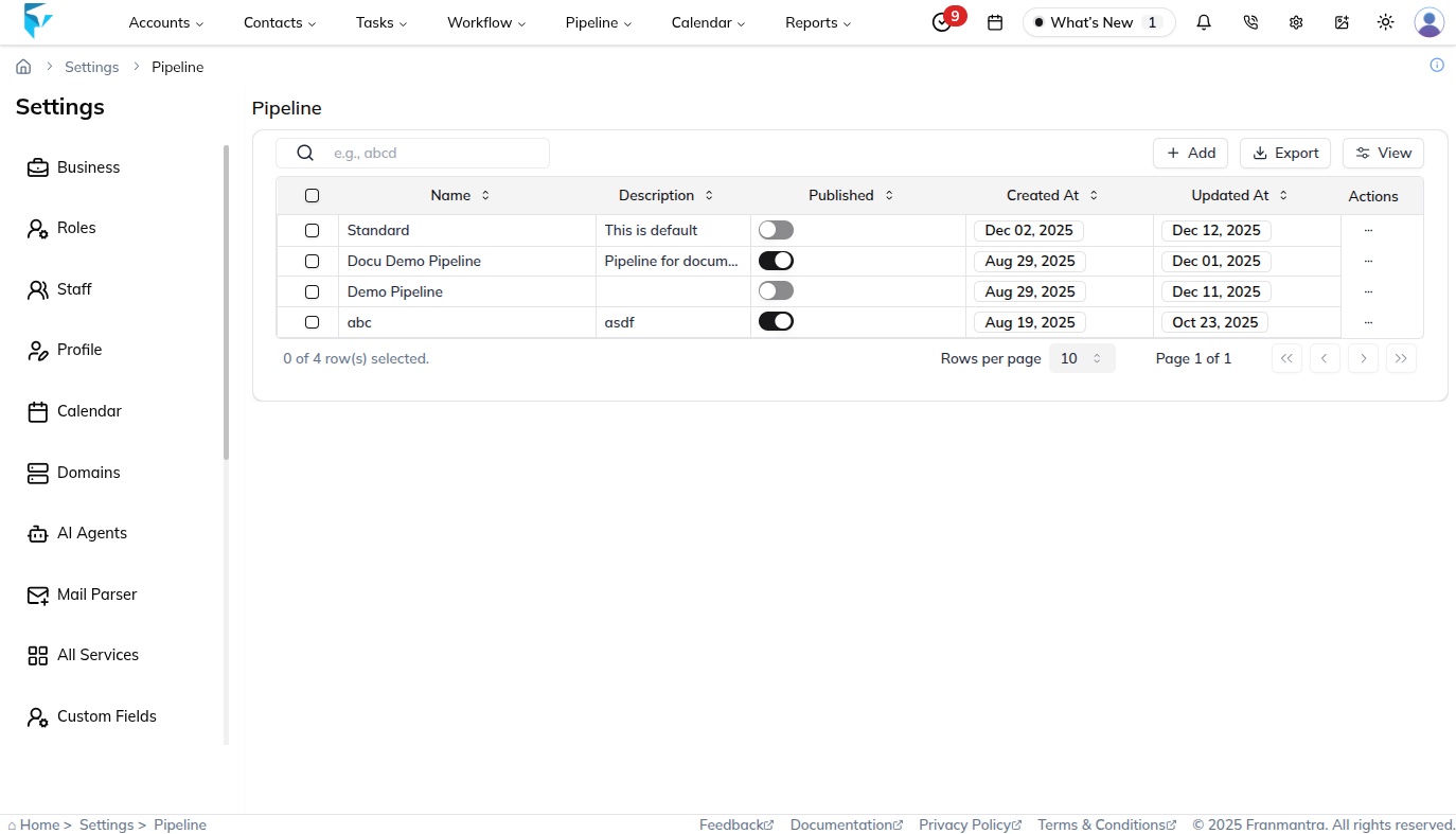 Pipeline list page