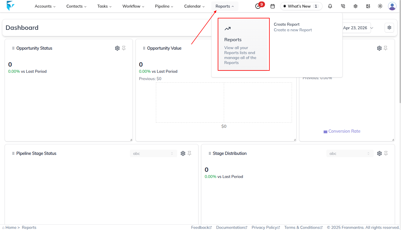 header menu with the Reports option and Report item in the dropdown