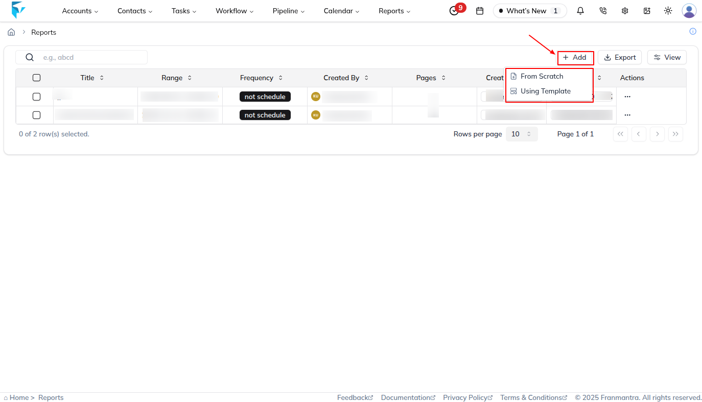 Reports page with the reports table and Add button