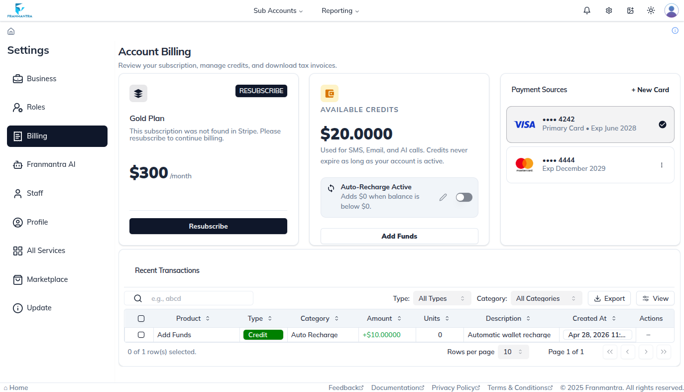 Billing page showing wallet, cards, plan, and transaction history sections