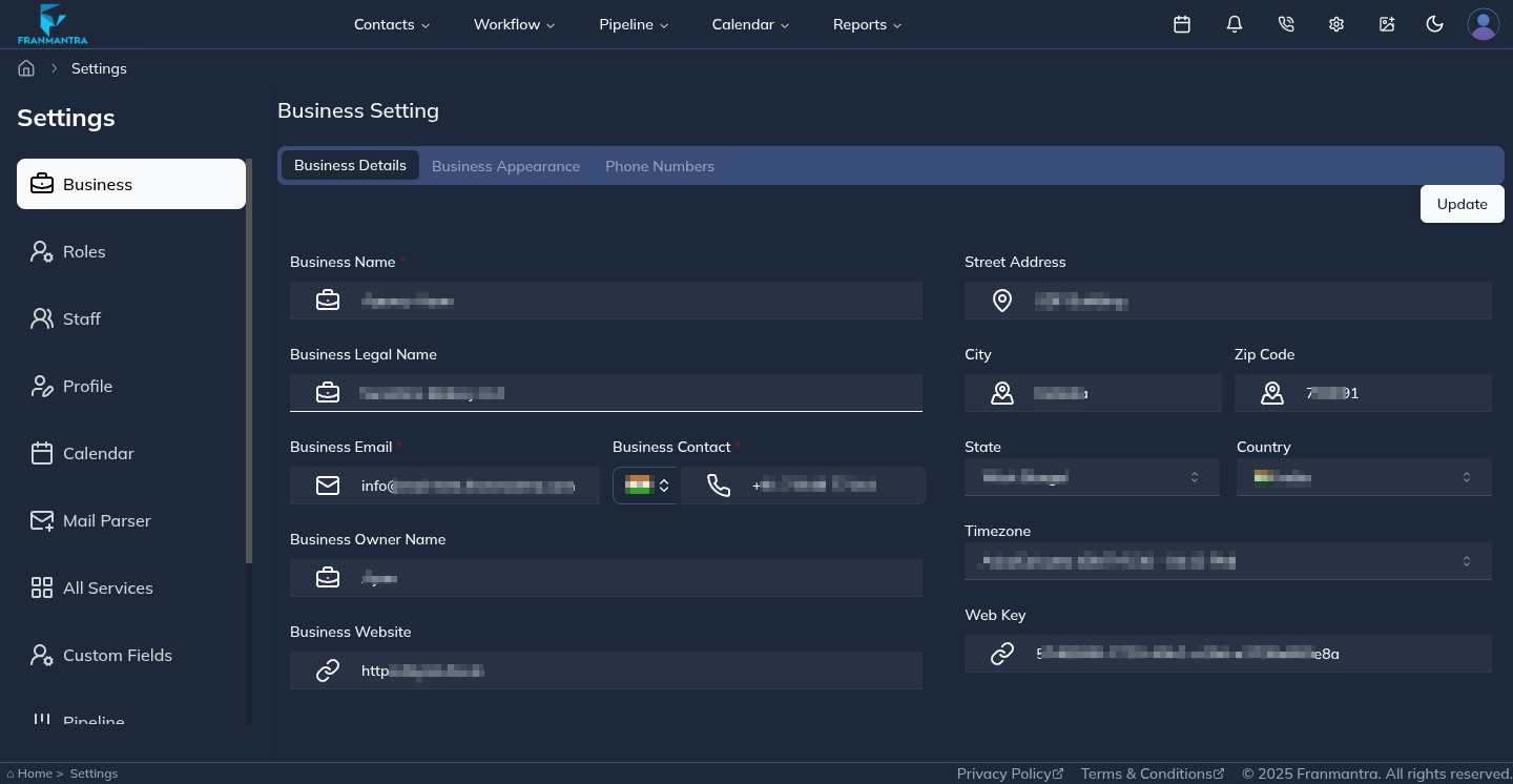 Business Settings Page