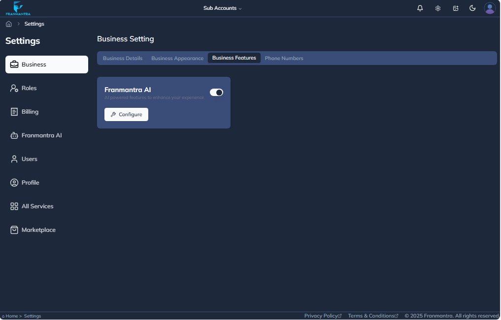 Business Settings Page