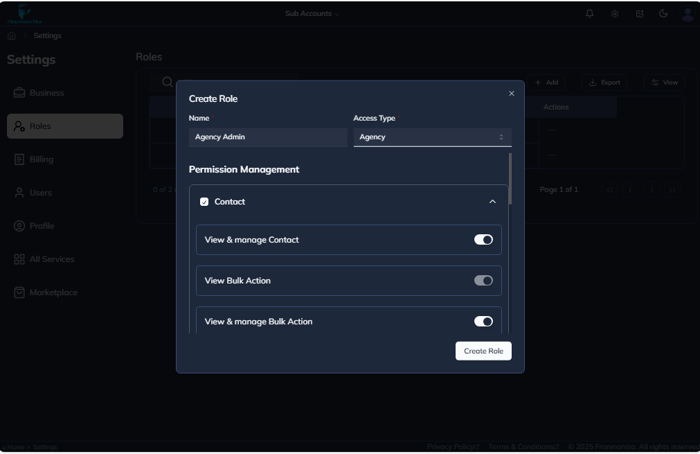 Business Settings Page