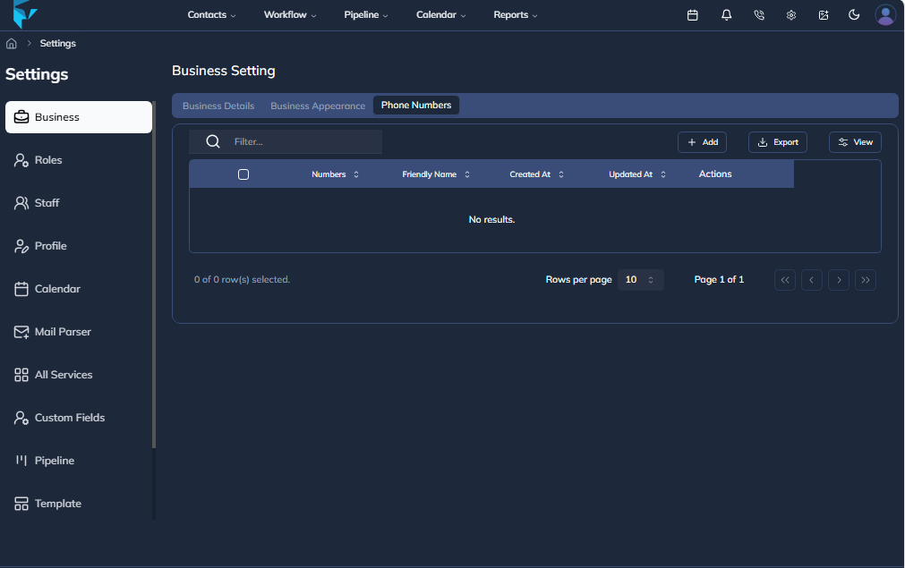 Business Settings Page