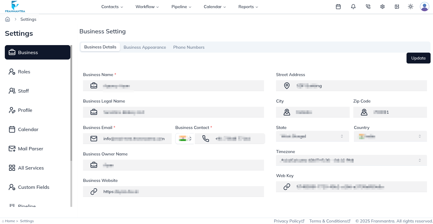 Business Settings Page