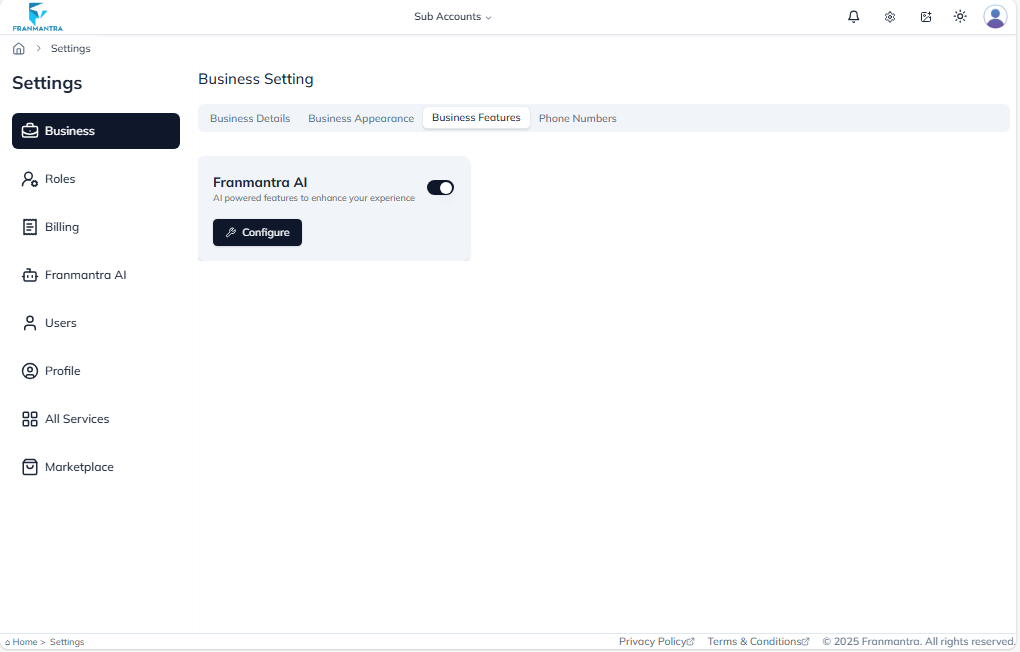 Business Settings Page