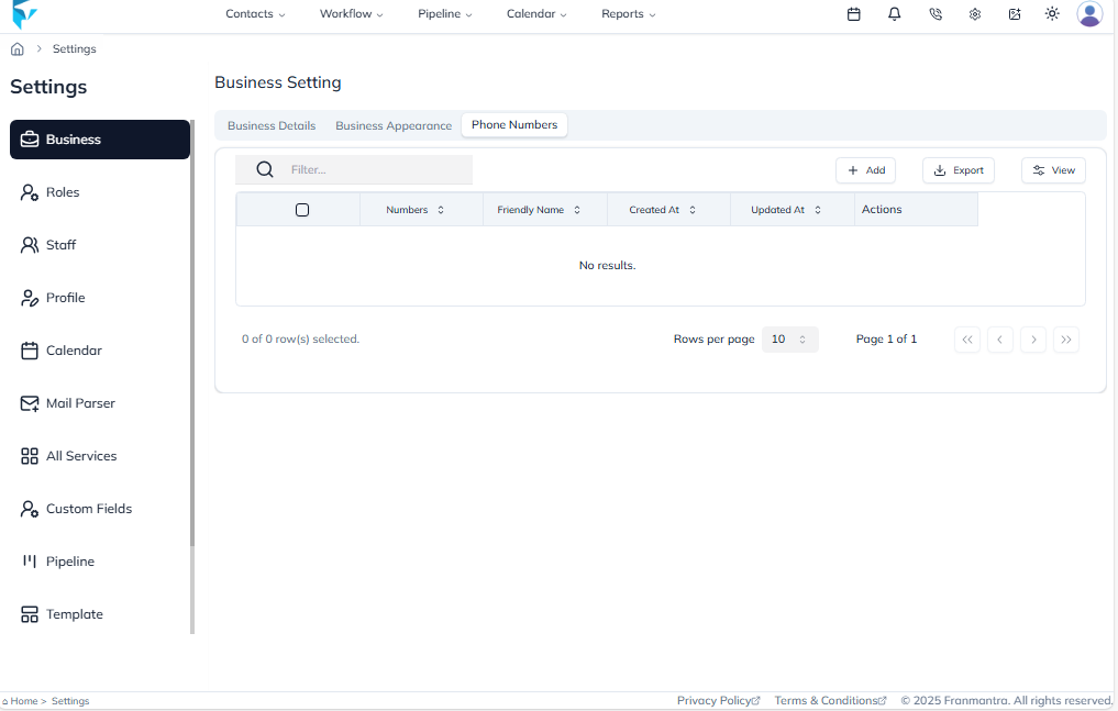 Business Settings Page