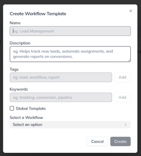 Add Template form with name, description, item selection, and Is Global option