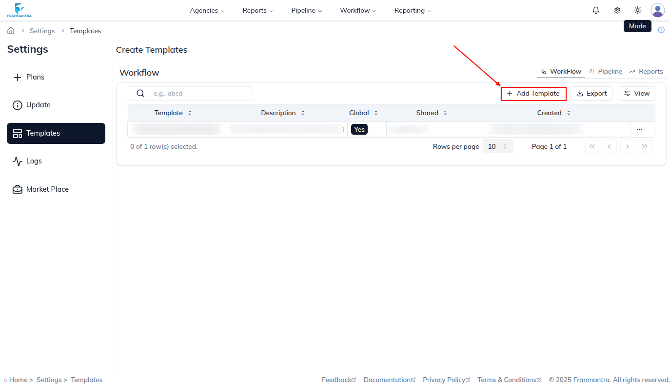 Template category page with the Add Template button visible