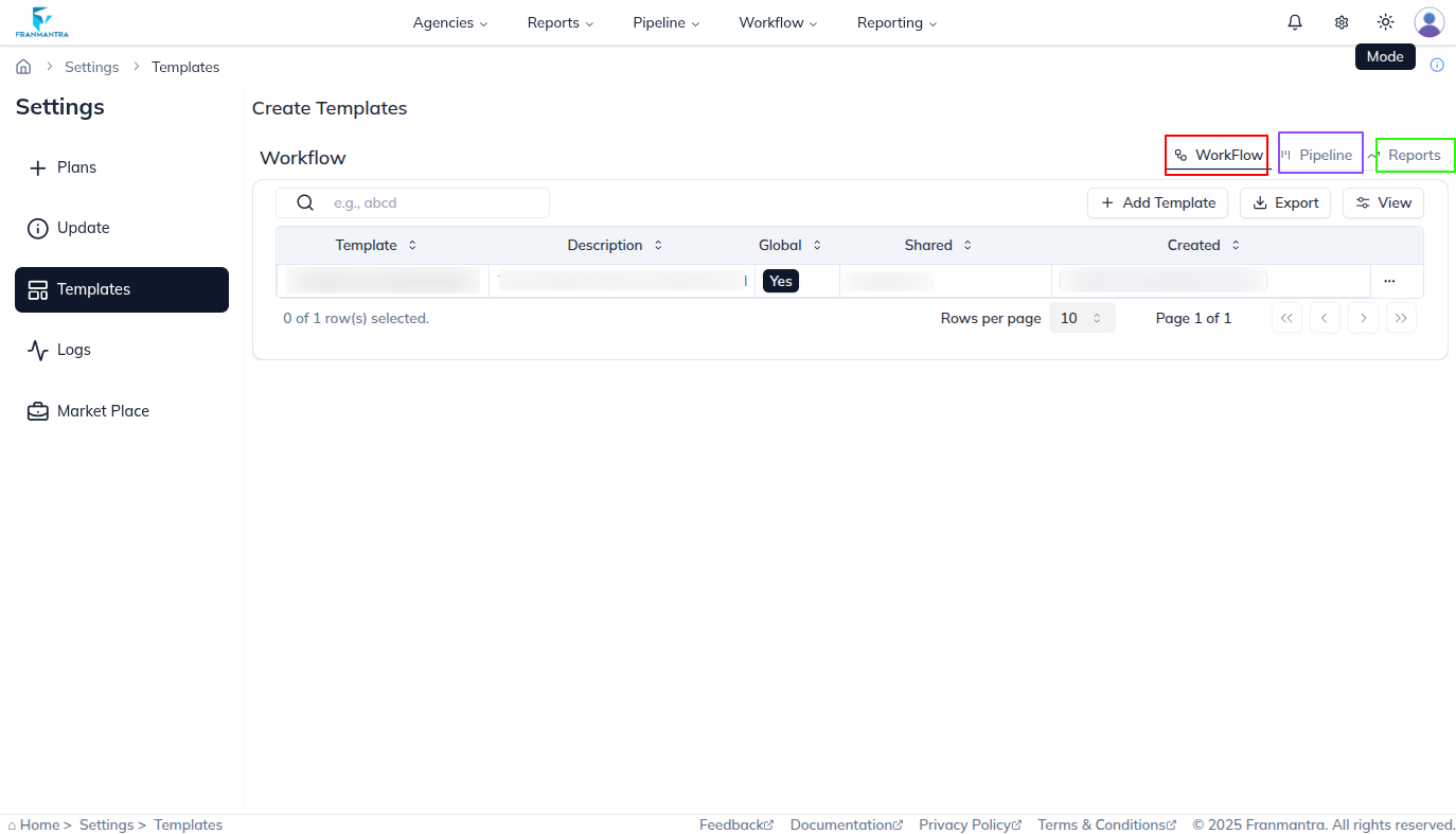 Templates section in Super Admin settings