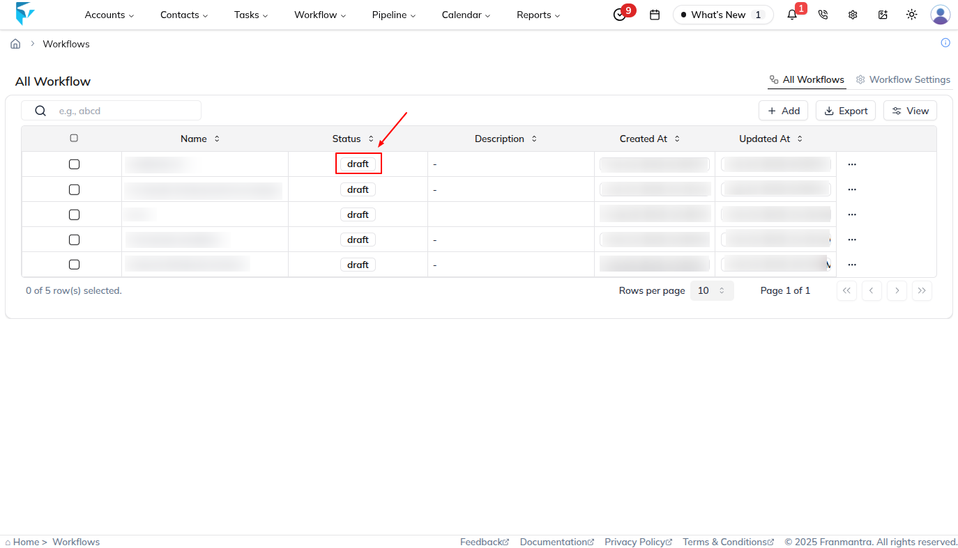 Workflow list page with the status column visible